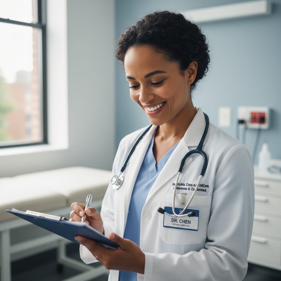 Médica do trabalho do Grupo Zoe em atendimento
